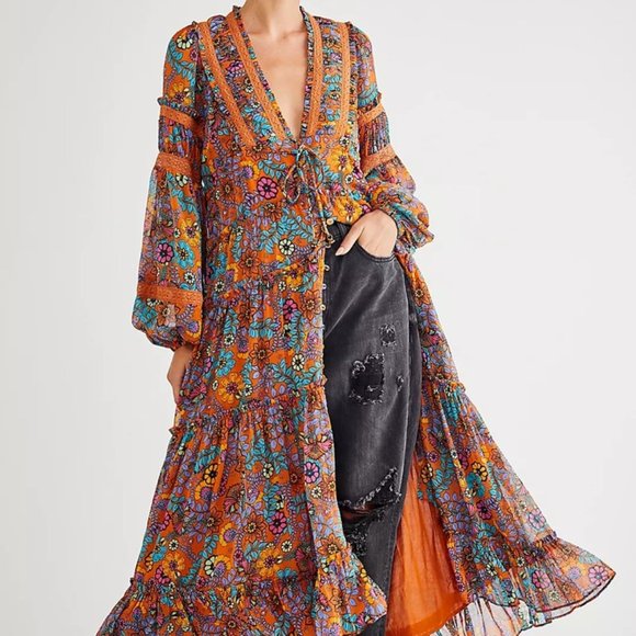 Free People Dresses & Skirts - Free People Cassis Printed Chiffon Dress in rust - Size XS (very oversized)
